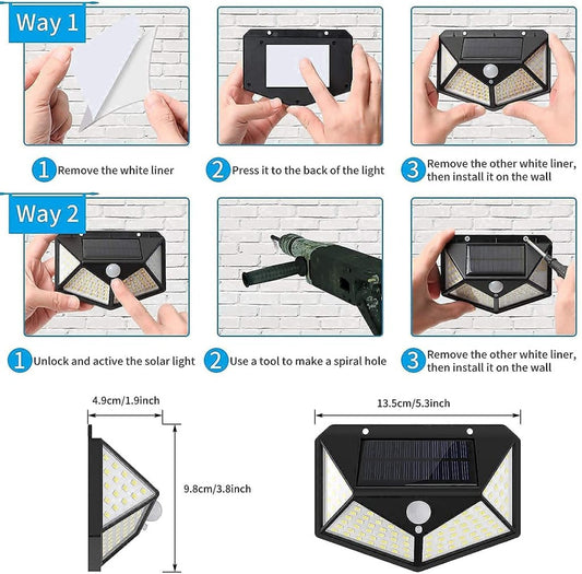 Solar Light 100 LED Motion Sensor Light 4 Side Bright Light with Dim Mode - Security Lamp for Home | Outdoor Waterproof Wall Night Light | Bright Solar Wireless Security Motion Sensor Light