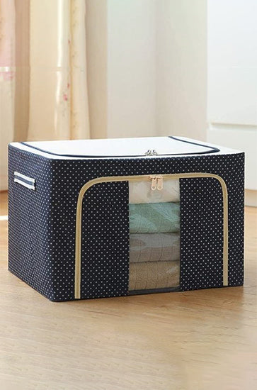 66 LTR Foldable Steel Frame Cloths Zip Organizer Bag and Oxford Fabric Storage Living Cover Boxes For Wardrobe Shelves Clothes, Sarees, Bed Sheet, Blanket, Cosmetic Organizer, Top and Front Zipper Open Bags