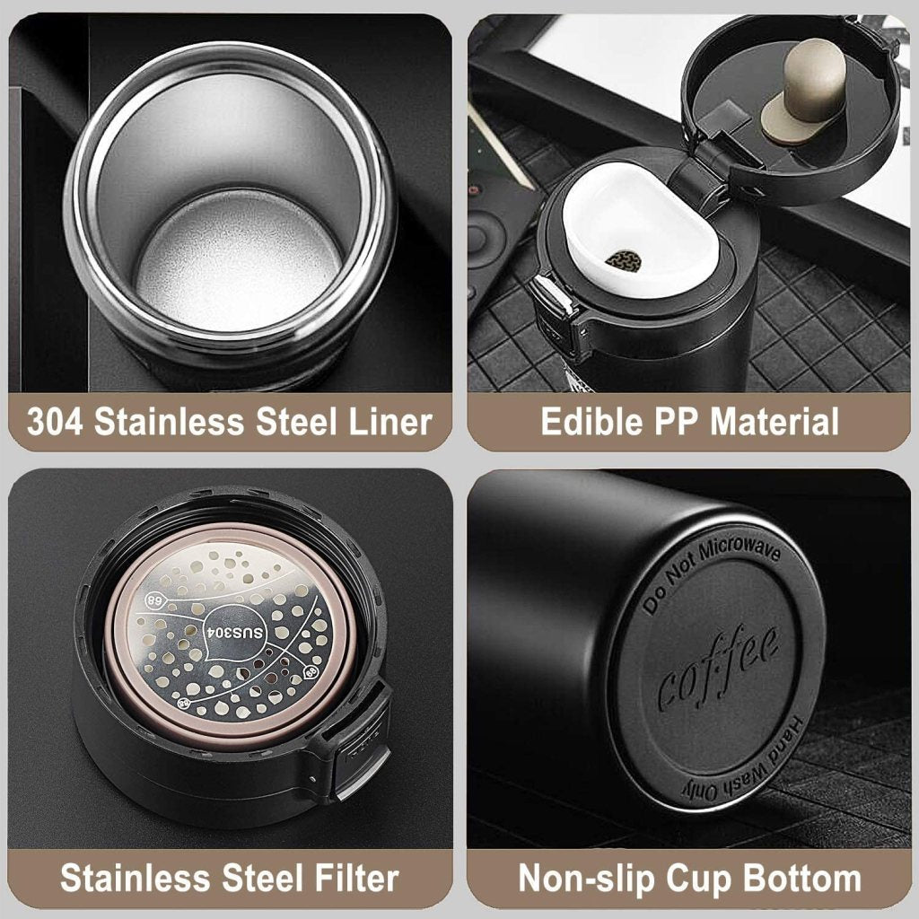 Coffee Mug Double Wall Stainless Steel Tumbler Vacuum Flask Bottle Thermo Tea Mug Travel Mug 300ML - Tumbler with Flip Lid Mesh Filter Hot and Cold for 6 Hours