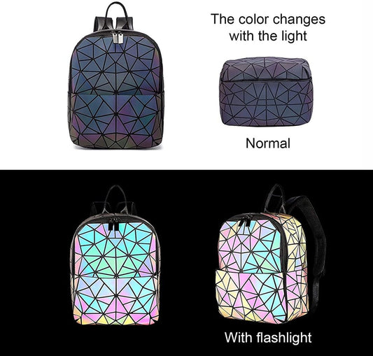 Geometric Holographic Reflective Luminous Stylish Bag pack for Girls, and Women for College, School, and Office Stylish Latest