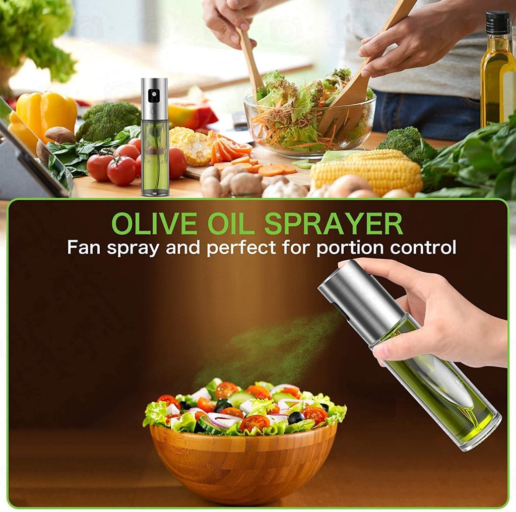 Oil Spray Bottle for Cooking Refillable Stainless Steel Oil Dispenser with Mini Funnel, Vinegar Glass Spray Bottle for BBQ, Salad, Baking, Grilling, Roasting, Frying