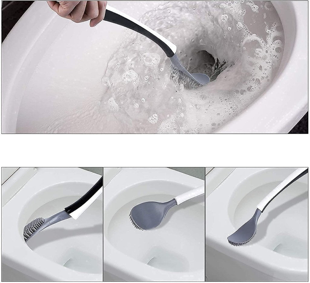 Silicon Toilet Brush with Slim Holder Flex Toilet Brush Anti-drip Set, Automatic Opening and Closing, Wall Mounted Deep Cleaning Toilet Bowl Cleaner Brush, No-Slip Long Handle Soft Silicone Bristle Clean Toilet Corner Easily