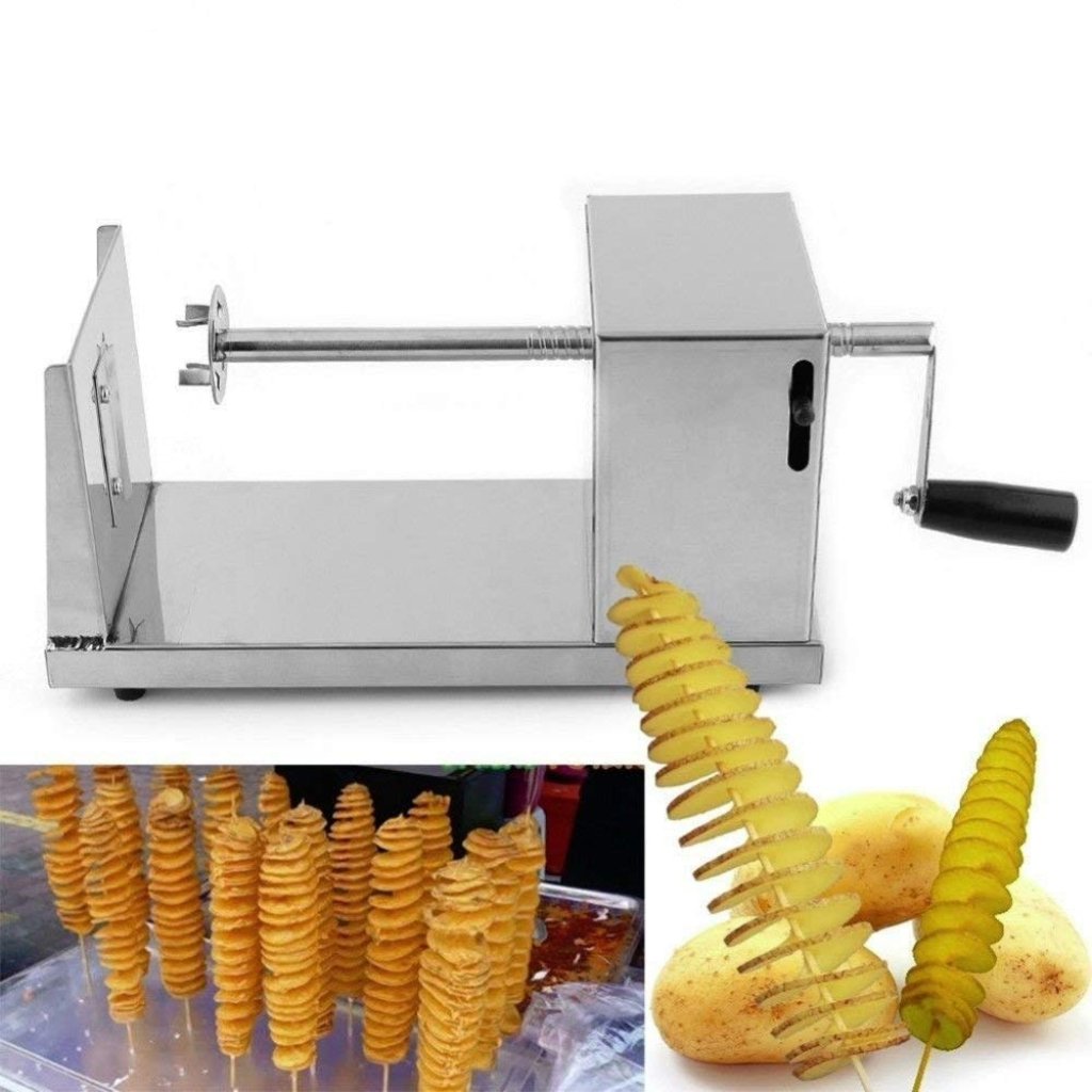 Manual Stainless Steel Twisted Potato Slicer Spiral Vegetable Cutter French Fry Tornado Metallic Size| 6 x 5.5 x 11.3 inches.